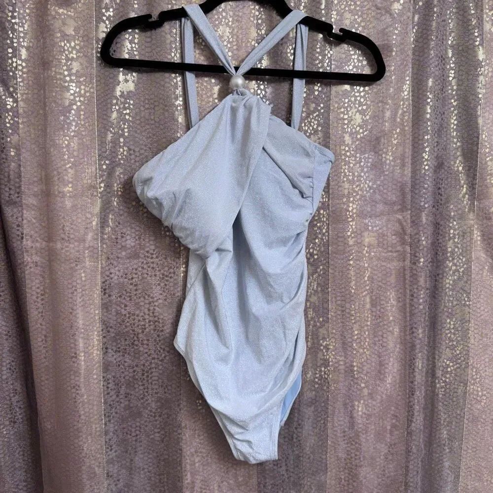 Cupshe Atlantis Asymmetrical Lurex One-Piece Swimsuit Sparkly Silver Med NWT